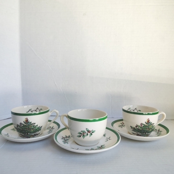 Spode Christmas Tree Tea Cups And Saucers Set Of 3 Vintage Holiday Serveware - Picture 1 of 16